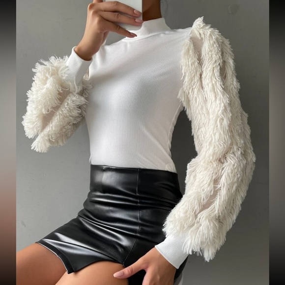 Cozy Faux Fur Fuzzy Long Puff Cuff Sleeve Mock Neck Top Blouse Shirt Black - Picture 14 of 16